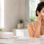 Woman Applying Skincare in a Sunlit Bathroom